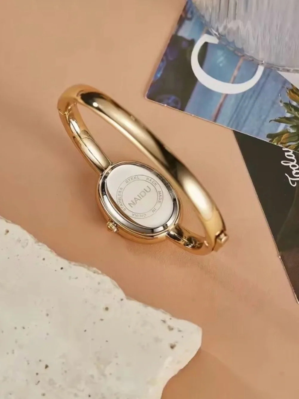 NEW! Elegant Gold-Tone Oval Black Dial Bangle Watch ⌚️ A0-9
